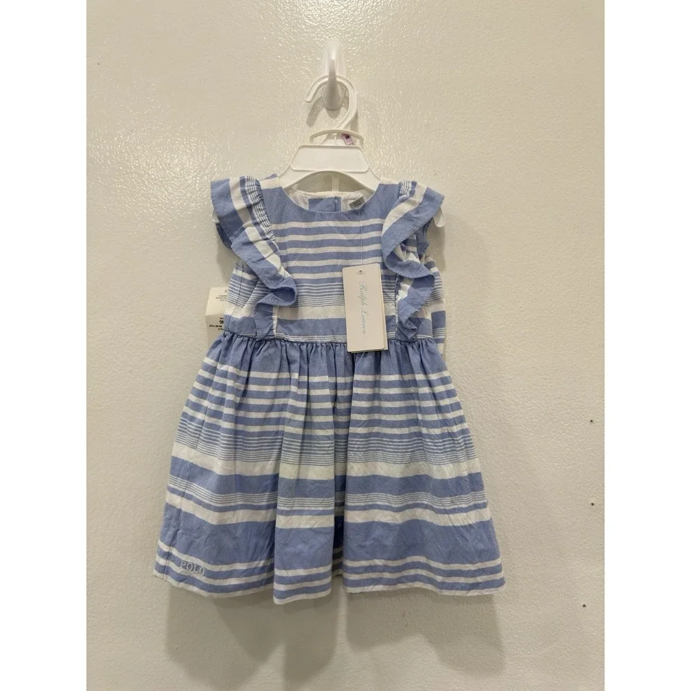 Ralph Lauren Baby Girls 9M Blue White Striped Ruffle Sleeve Dress NWT